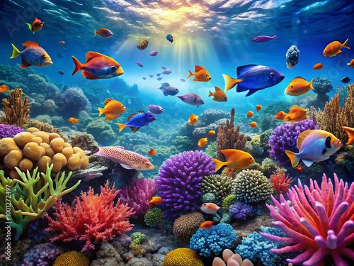 Vibrant blue aquatic scene with coral, seaweed, and schools of fish, perfect for customizing aquariums or creating a