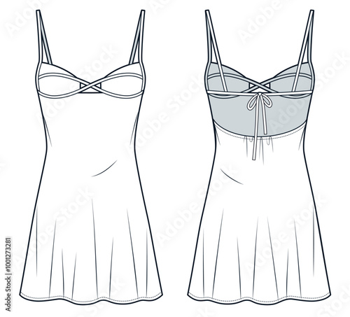 Strap mini Dress technical fashion illustration. Bustier Dress fashion flat technical drawing template, bias cut, a line, slim fit, front and back view, white, women CAD mockup.