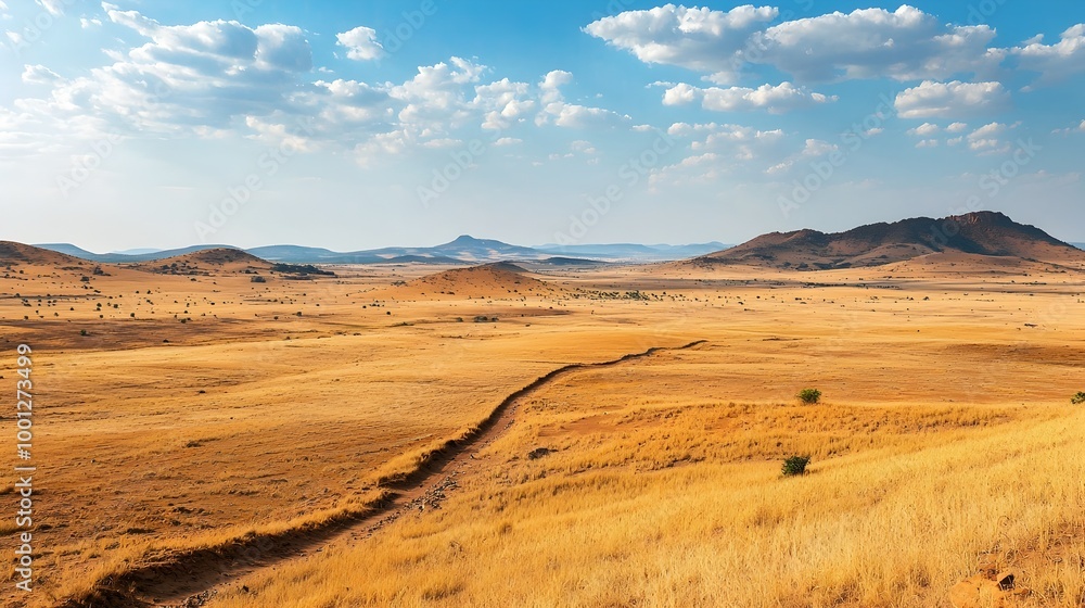 Fototapeta premium Vast Arid Desert Landscape with Winding Path Through Rugged Mountainous Terrain