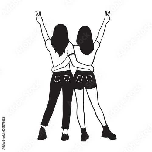 Best friends with victory pose Vector illustration