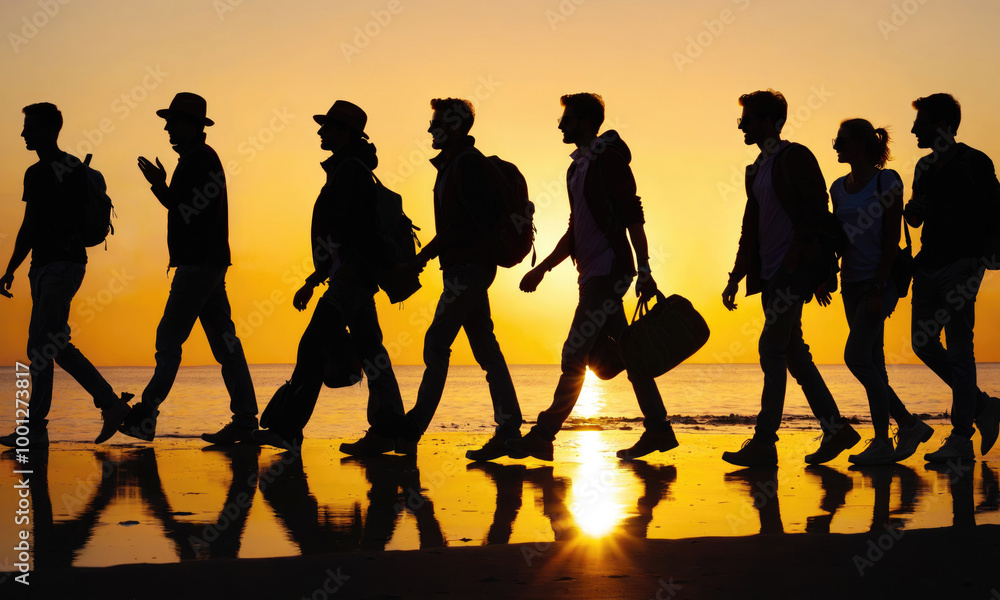 Obraz premium A group of friends walks along a beach at sunset