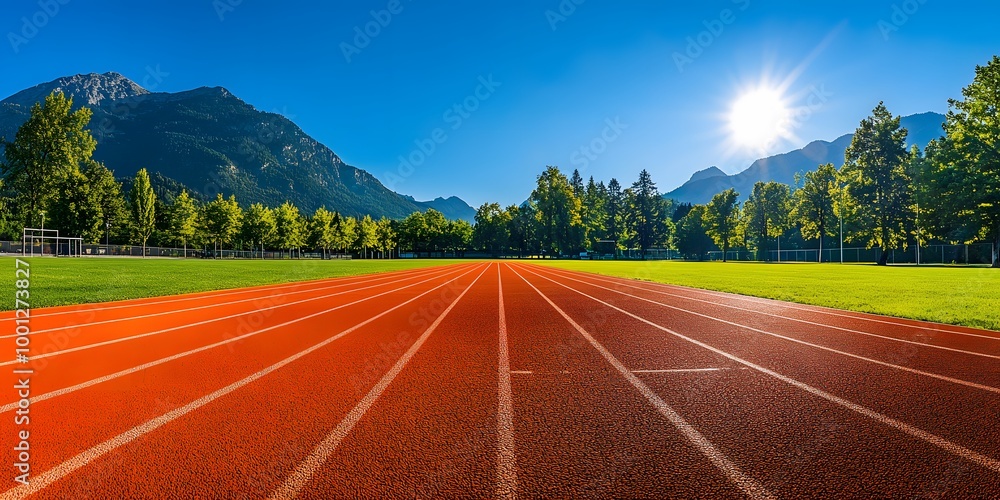 Sunlit outdoor running track features vibrant orange lanes and lush green grass, accompanied by a clear blue sky and mountains, capturing a crisp, wide-angle sports facility view. Sunlit outdoor running track features vibrant orange lanes and lush green grass, accompanied by a clear blue sky and mountains, capturing a crisp, wide-angle sports facility view.