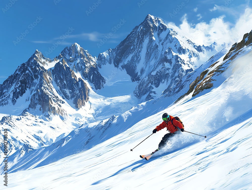 A skier speeds down a snowy slope with a mountain range in the background. A skier speeds down a snowy slope with a mountain range in the background.