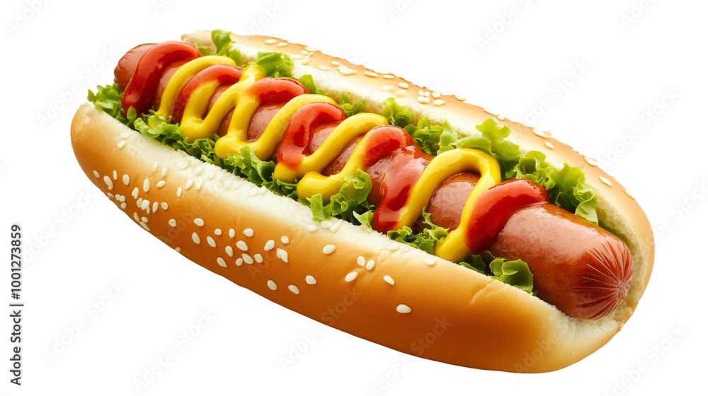 A classic hot dog with ketchup and mustard, isolated on transparency background PNG. A classic hot dog with ketchup and mustard, isolated on transparency background PNG.