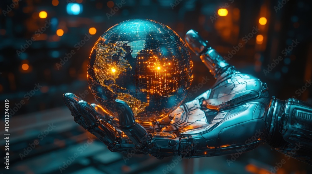 Futuristic robotic hand holding digital globe with technology data overlay