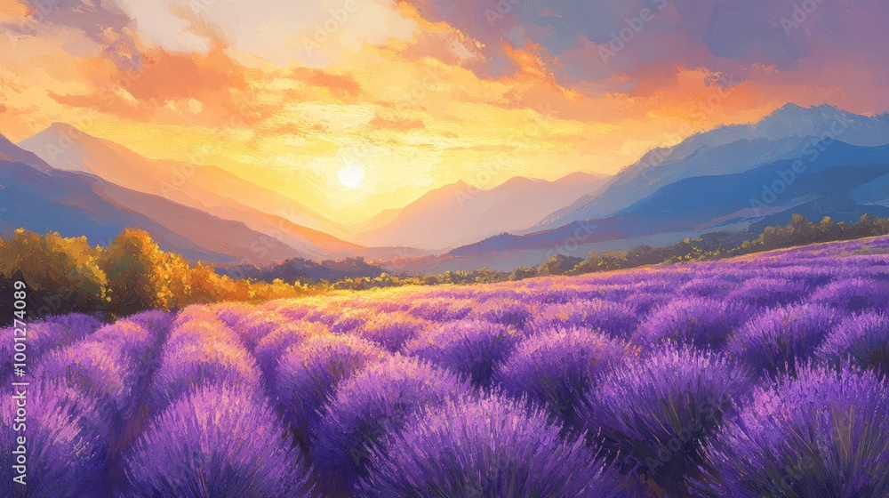 Dreamy painting of a lavender field under a setting sun, with mountains in the background. Soothing and beautiful for wallpaper or wall pictures. Dreamy painting of a lavender field under a setting sun, with mountains in the background. Soothing and beautiful for wallpaper or wall pictures.
