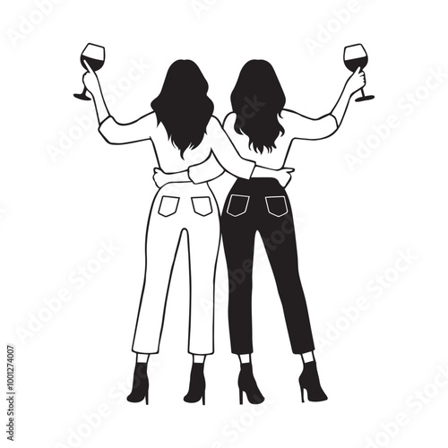 best friends with wine Vector illustration in black and white