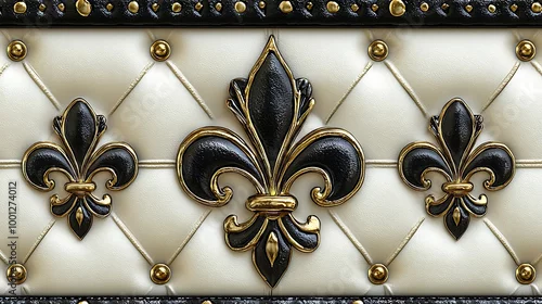 Obraz A black and gold fleur de lis adorns soft white leather, blending regal symbols with rich textures.