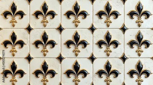 Fototapeta Black and gold fleur de lis create a striking tile pattern with classic elegance and bold style.