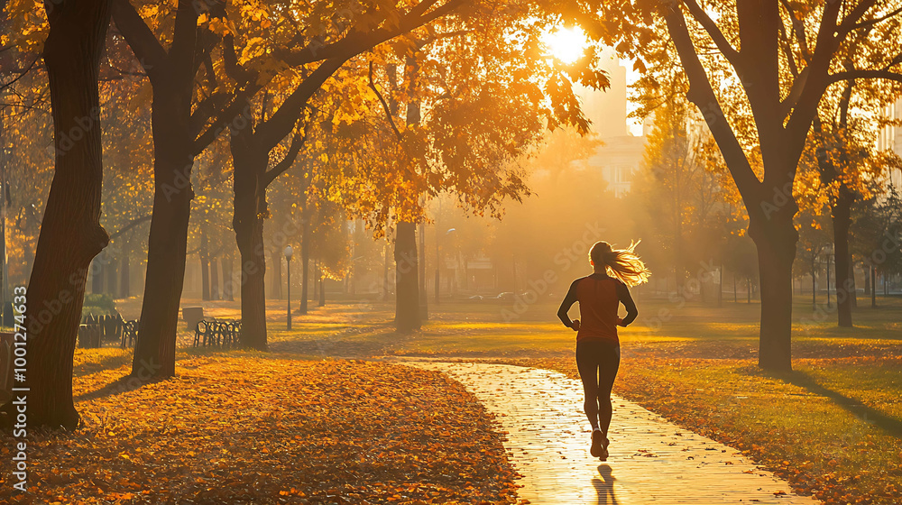 A woman running through a park on a beautiful autumn day. A woman running through a park on a beautiful autumn day.