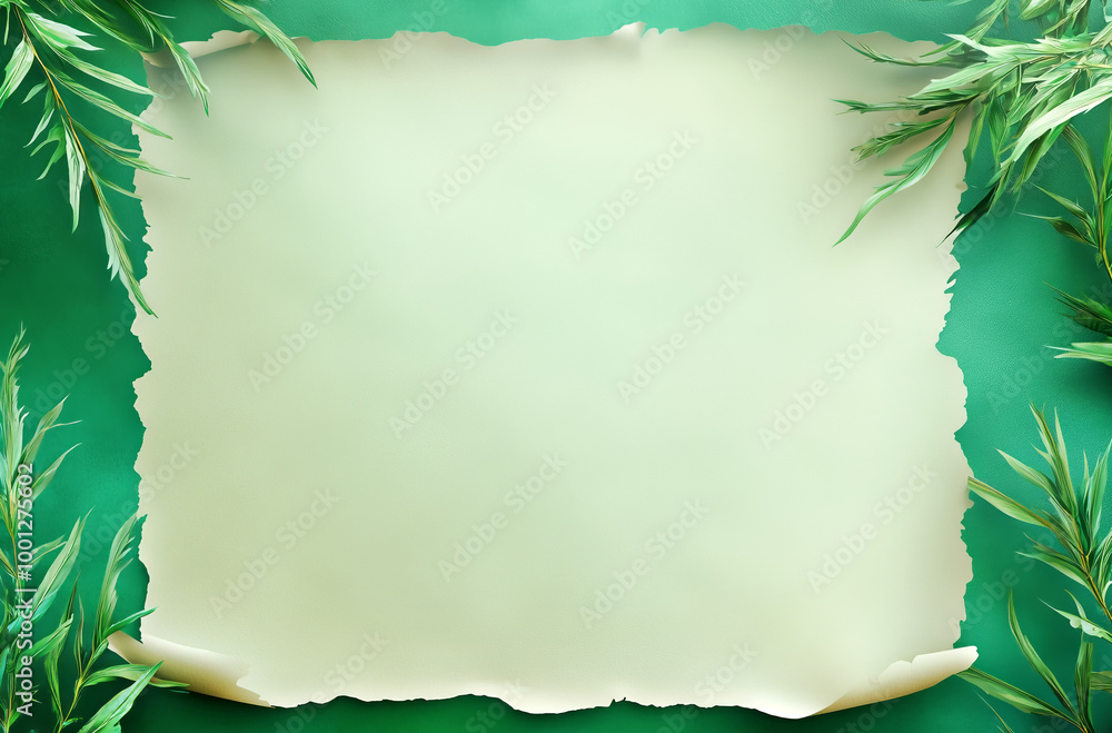 Fototapeta premium Blank parchment surrounded by green leaves on a vibrant background for creative design purposes