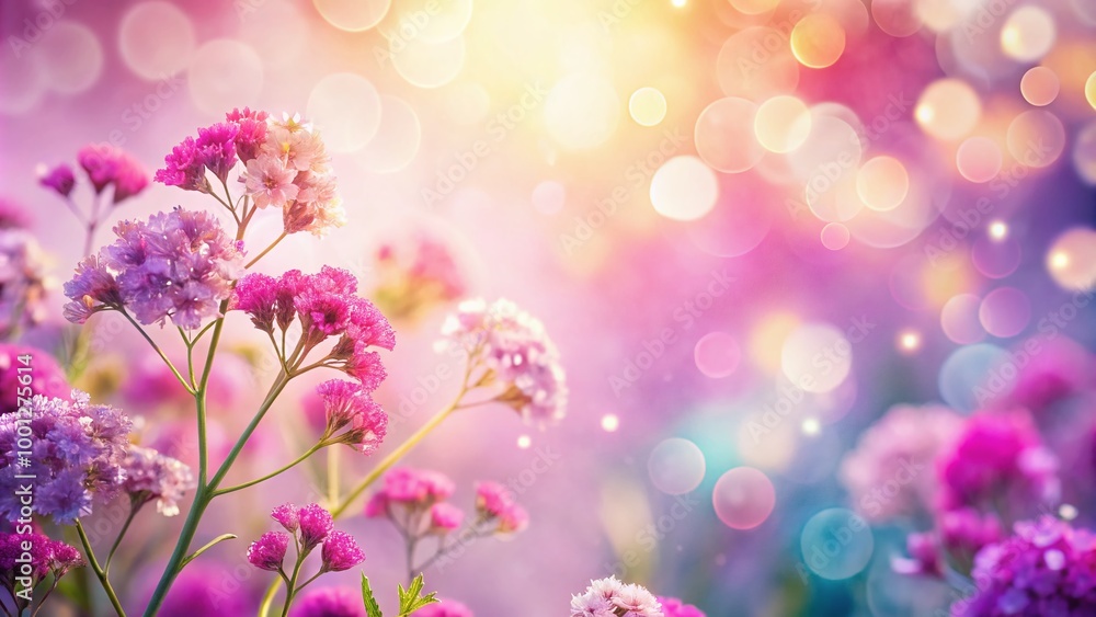 Vibrant blurred bokeh of pink and purple flowers on a soft, creamy white background, ideal for overlaying text, Vibrant blurred bokeh of pink and purple flowers on a soft, creamy white background, ideal for overlaying text,