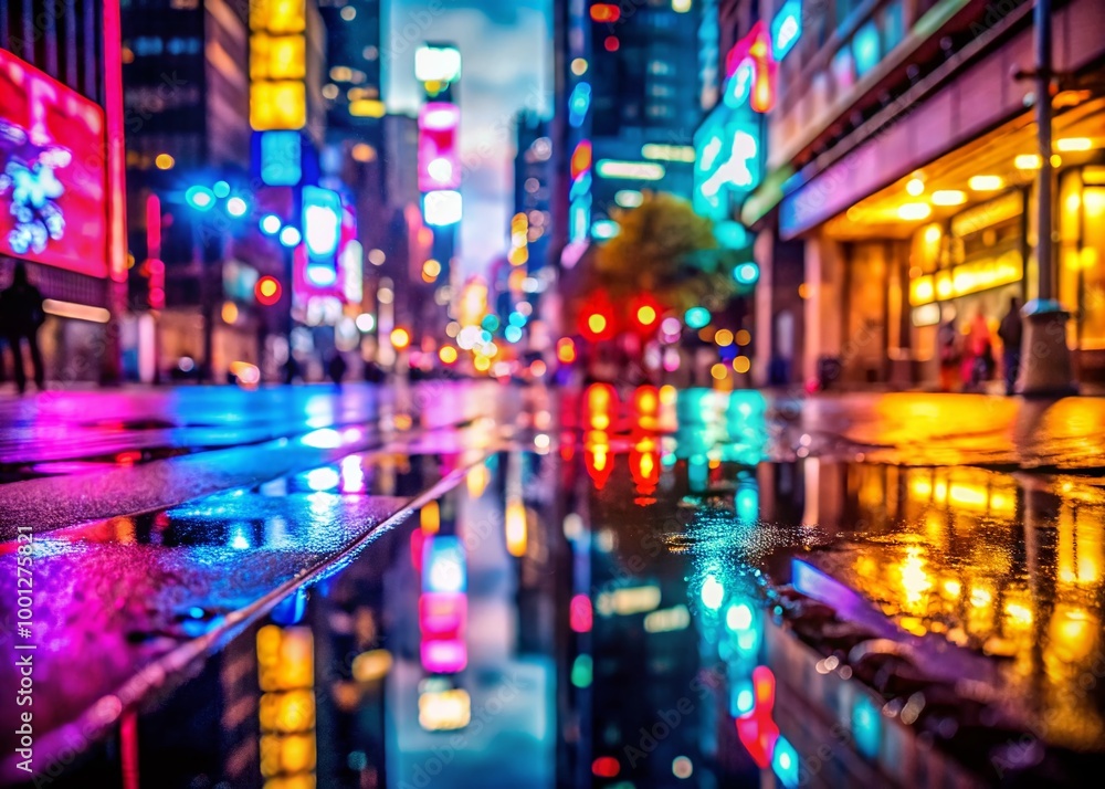 Vibrant blurred cityscape at dusk with neon lights reflecting off wet pavement, creating a stunning, modern, and Vibrant blurred cityscape at dusk with neon lights reflecting off wet pavement, creating a stunning, modern, and