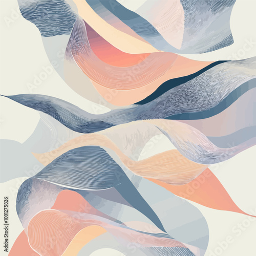 Vector art of abstract waves and organic forms in light pastel colors, gently intertwining for a calming effect.