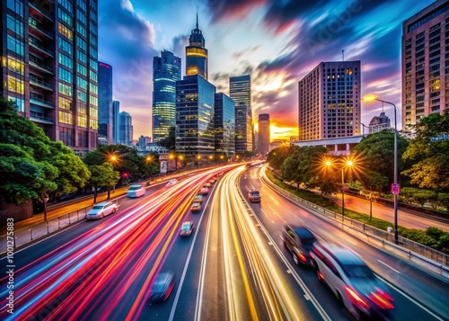 Vibrant blurred cityscape at dusk with streaks of light from moving vehicles, capturing the dynamic energy and