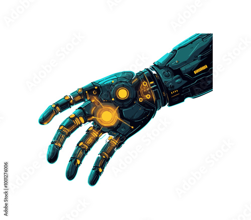 Vector illustration of a retro-futuristic robot arm with glowing gears and circuitry.