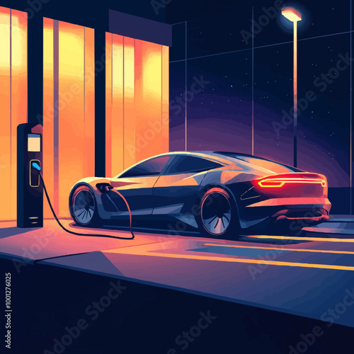 Vector illustration of a sleek electric car charging at a futuristic station.