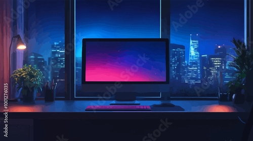 Vector illustration of a sleek modern office workspace with a minimalist desk and computer.