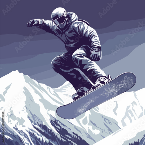 Vector illustration of a snowboarder performing tricks in mid-air with snowy mountains behind.