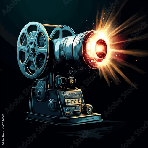 Vector illustration of a vintage film projector with reels and a glowing beam of light.