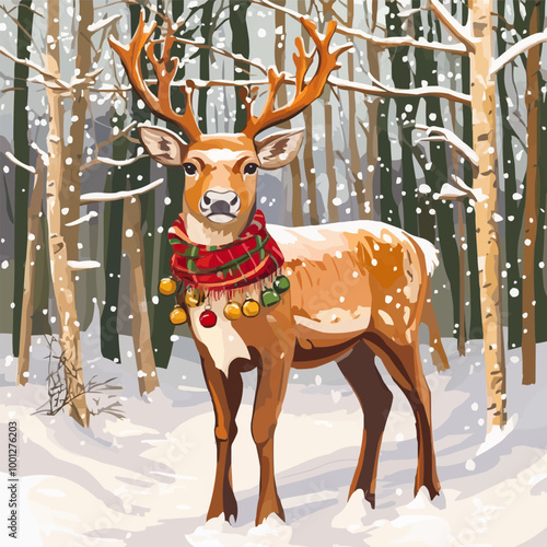 Vector image of a reindeer wearing a scarf and bells, standing proudly in a snowy forest.