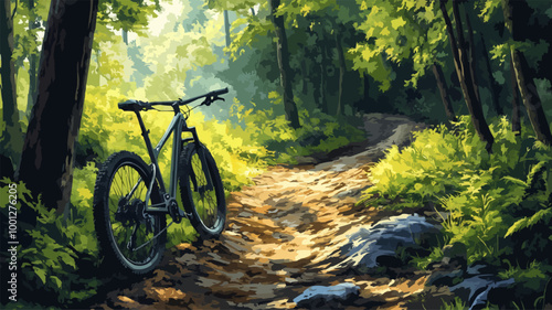Vector image of a mountain bike trail winding through lush forests and rocky paths.