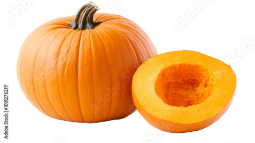 A whole pumpkin with a slice cut out, isolated on transparency background PNG