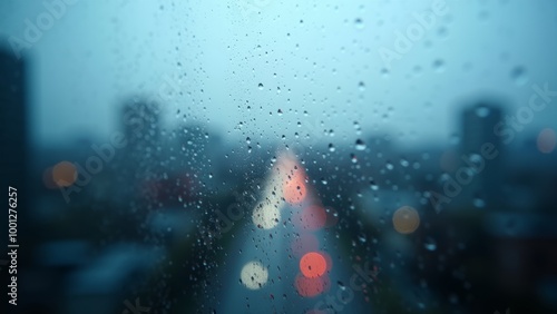 Generative AI, a blurry photo of a city street through a rain covered window with a red light in the distance, rain, a tilt shift photo, tonalism 