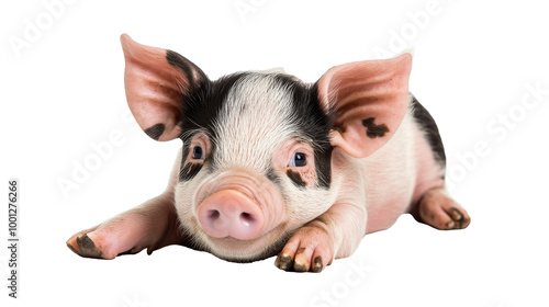 A small piglet lying down on a transparency background PNG, its legs stretched out in front, perfect for veterinary, agricultural, or animal welfare stock photography.