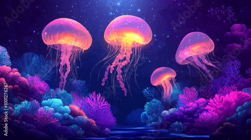 Vector image of an abstract underwater scene with glowing jellyfish and vibrant coral, in dreamlike colors.