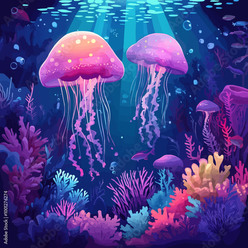 Vector image of an abstract underwater scene with glowing jellyfish and vibrant coral, in dreamlike colors --v 6.1 Job ID: 97fdef08-6c11-42d5-b5f3-4b519aa4177c