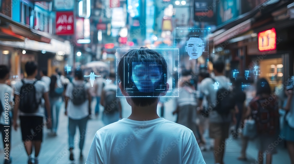Facial Recognition Technology Scanning Crowd in Futuristic Neon-Lit City Street Facial Recognition Technology Scanning Crowd in Futuristic Neon-Lit City Street