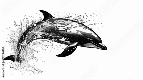 Vector of a dolphin leaping out of the water, with splash details, silhouetted against a white background, minimalistic, line art, clear outlines, high contrast