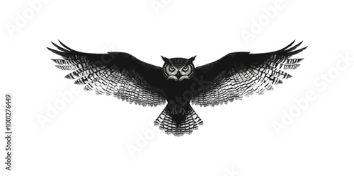 Vector of a flying owl with detailed feathers, wings open wide, in silhouette on a white background.