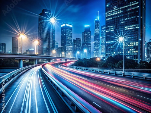 Vibrant blurred motion streaks of headlights illuminate a dark urban highway at night, providing a dynamic and photo