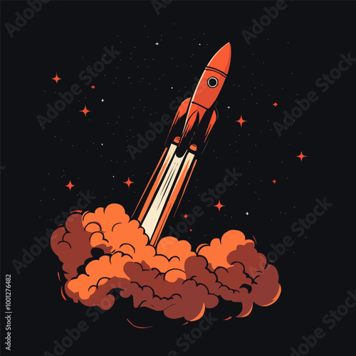 Vector of a rocket launching into space with smoke trails and stars in the background.