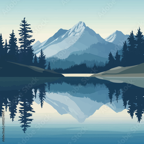 Vector of a serene mountain lake with reflections of trees and distant peaks.