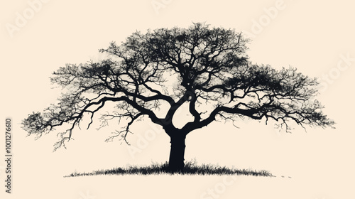 Vector silhouette of a lone tree with intricate branches spreading wide on a white background.