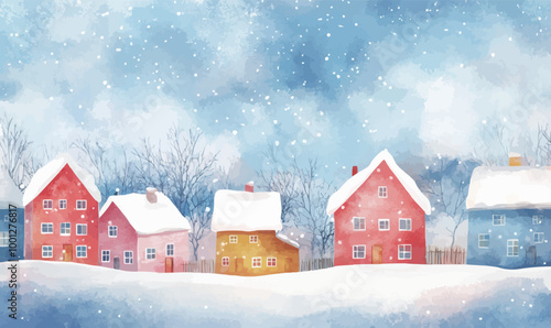 Wintery scene with watercolor-effect houses, softly blending into the snowy landscape. Vector illustration.