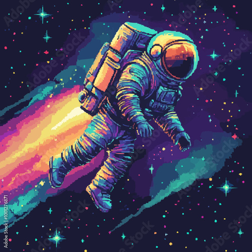 Pixel vector of a vintage astronaut with a glowing jetpack floating through neon-colored space.