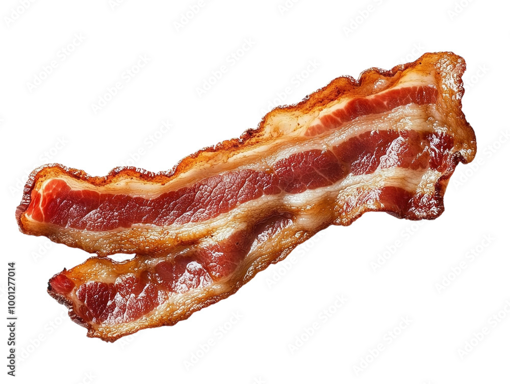 Single crispy strip of cooked bacon, showing rich color and texture, on a white background. PNG transparent. Single crispy strip of cooked bacon, showing rich color and texture, on a white background. PNG transparent.