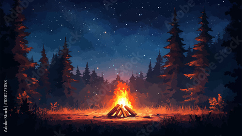 Pixelated image of campfire at night surrounded by trees and starry sky above.