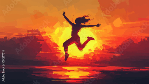 Pixelated silhouette of a person jumping with joy against a sunset.