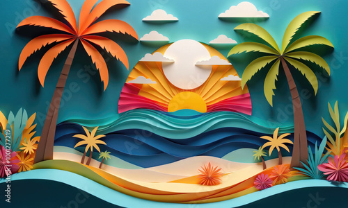 A colorful paper art scene depicting a tropical sunset over the ocean, with palm trees, waves, and a sandy beach