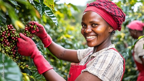 Smiling Dark-Skinned Farmer Harvesting Coffee Beans in a Lush Coffee Plantation. Sustainable Agriculture and Organic Coffee Farming in Tropical 