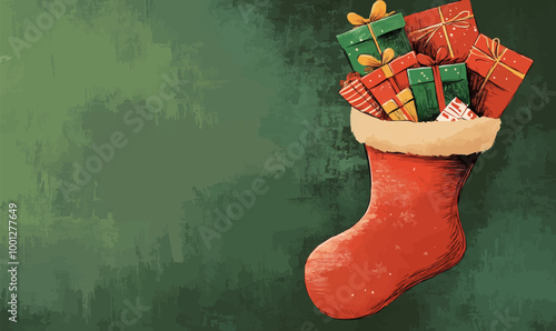 Rough-edged Christmas stocking filled with gifts, using bold, textured reds and greens. Vector illustration.