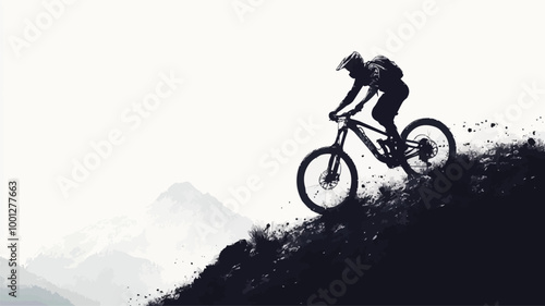 Silhouette of a mountain biker riding on rugged terrain, with detailed wheels and gear, on white background.
