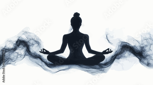 Silhouette of a person practicing yoga in a lotus position with calm, flowing lines on a white background.