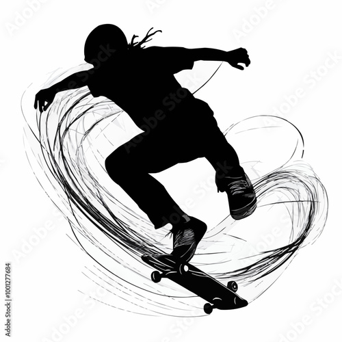 Silhouette of a skateboarder mid-trick, with dynamic motion lines, set against a white background.