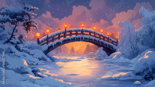 Snow-covered bridge over frozen river with lanterns glowing, vector scene.
